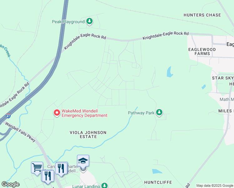 map of restaurants, bars, coffee shops, grocery stores, and more near 233 Wash Hollow Drive in Wendell