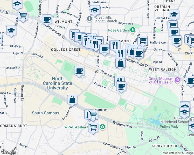 map of restaurants, bars, coffee shops, grocery stores, and more near 201 Dan Allen Drive in Raleigh
