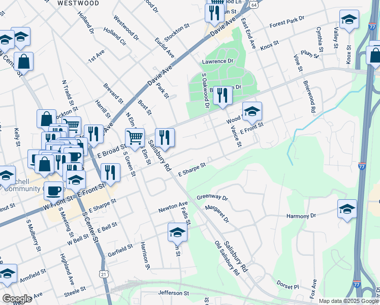 map of restaurants, bars, coffee shops, grocery stores, and more near 608 East Front Street in Statesville