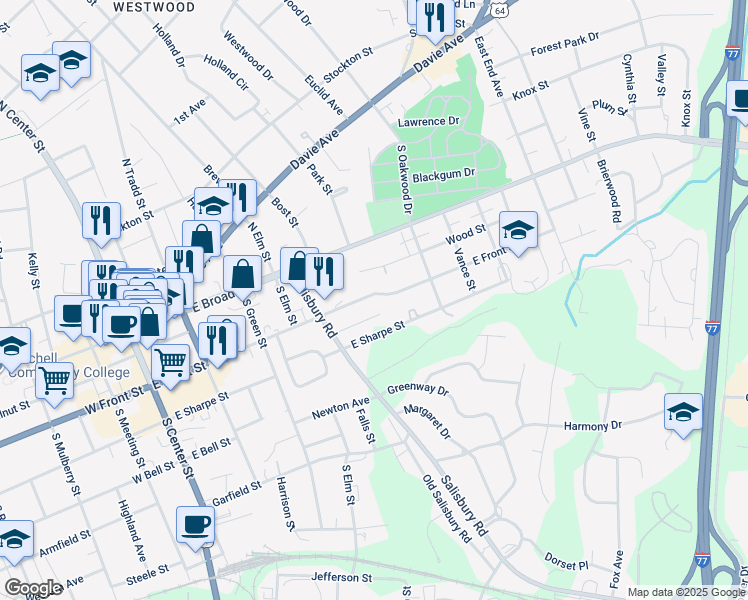 map of restaurants, bars, coffee shops, grocery stores, and more near 608 East Front Street in Statesville