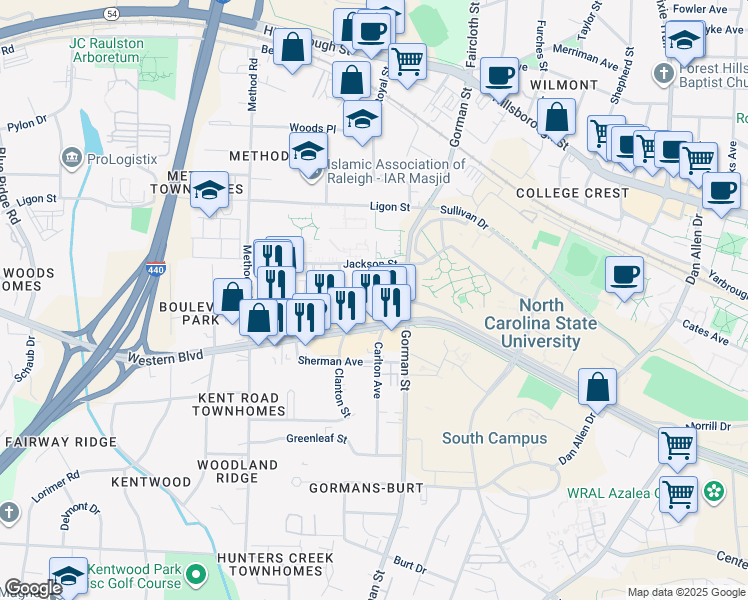 map of restaurants, bars, coffee shops, grocery stores, and more near 3809 Lexington Drive in Raleigh