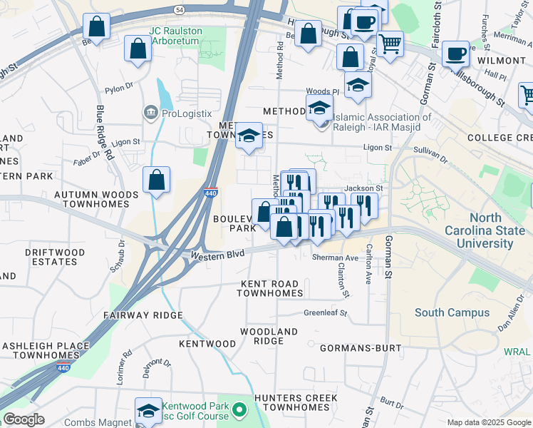 map of restaurants, bars, coffee shops, grocery stores, and more near 4102 Reavis Road in Raleigh