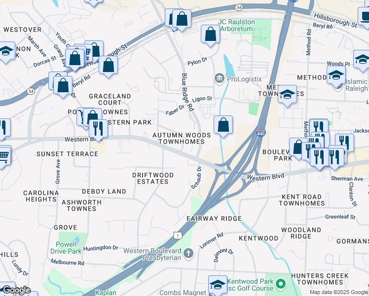 map of restaurants, bars, coffee shops, grocery stores, and more near in Raleigh