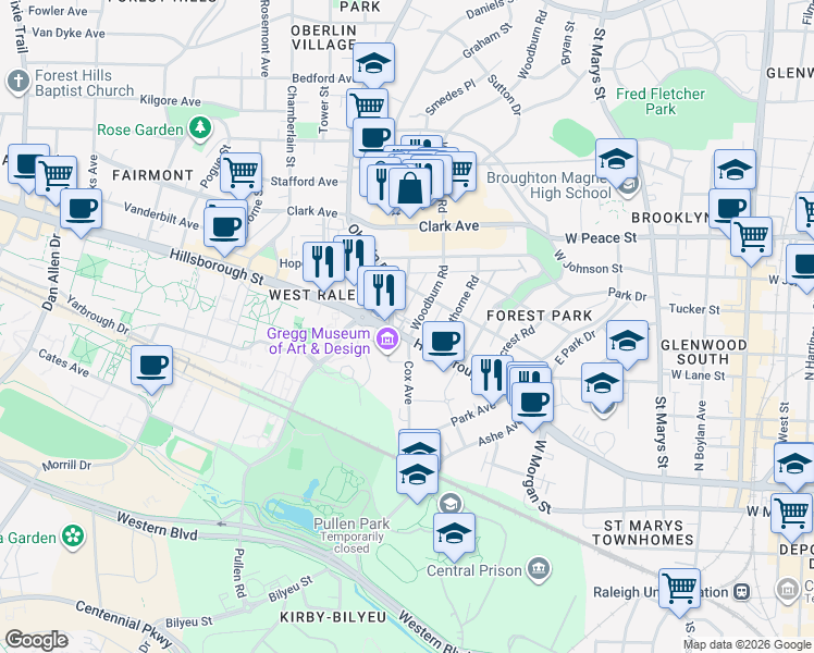 map of restaurants, bars, coffee shops, grocery stores, and more near 1720 Hillsborough Street in Raleigh