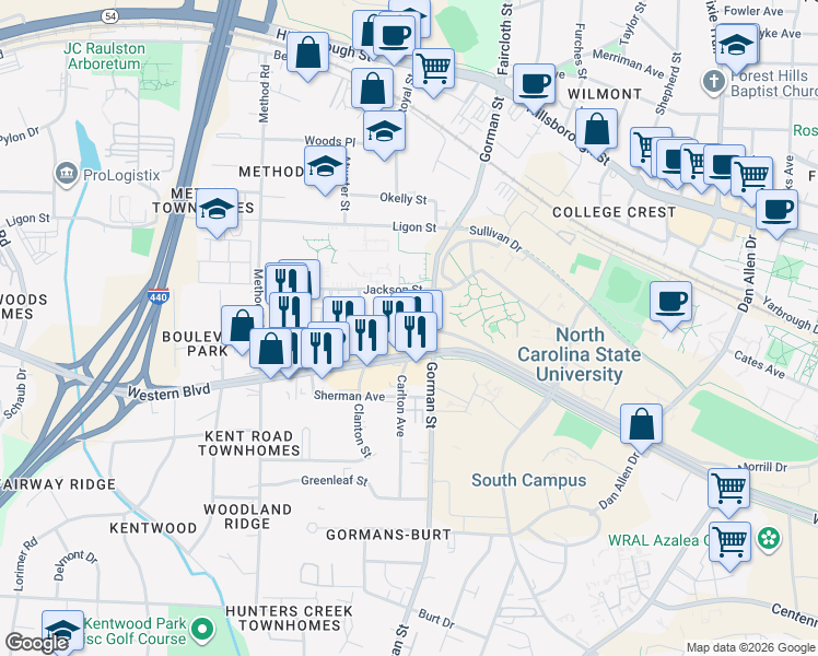 map of restaurants, bars, coffee shops, grocery stores, and more near 3809 Lexington Drive in Raleigh