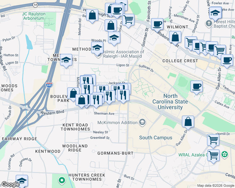 map of restaurants, bars, coffee shops, grocery stores, and more near 3809 Lexington Drive in Raleigh