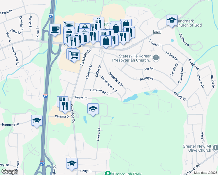 map of restaurants, bars, coffee shops, grocery stores, and more near 1922 Cunningham Drive in Statesville