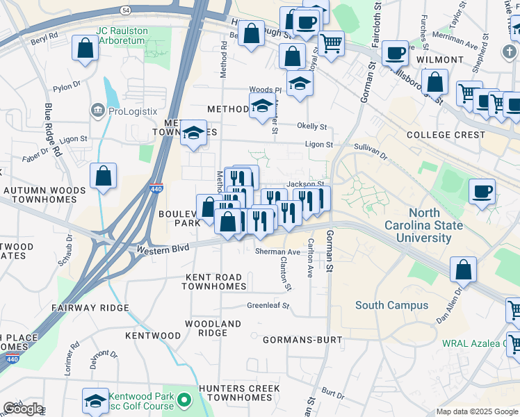map of restaurants, bars, coffee shops, grocery stores, and more near 3921 Lexington Drive in Raleigh