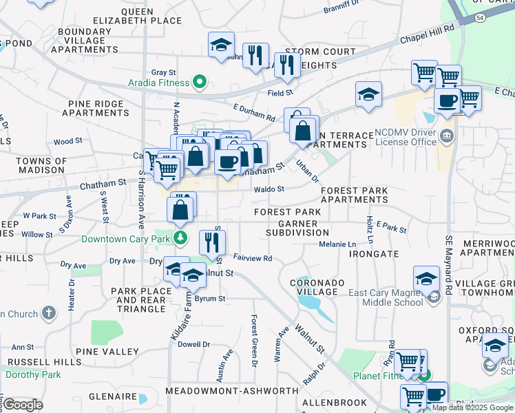 map of restaurants, bars, coffee shops, grocery stores, and more near 121 Stanopal Drive in Cary