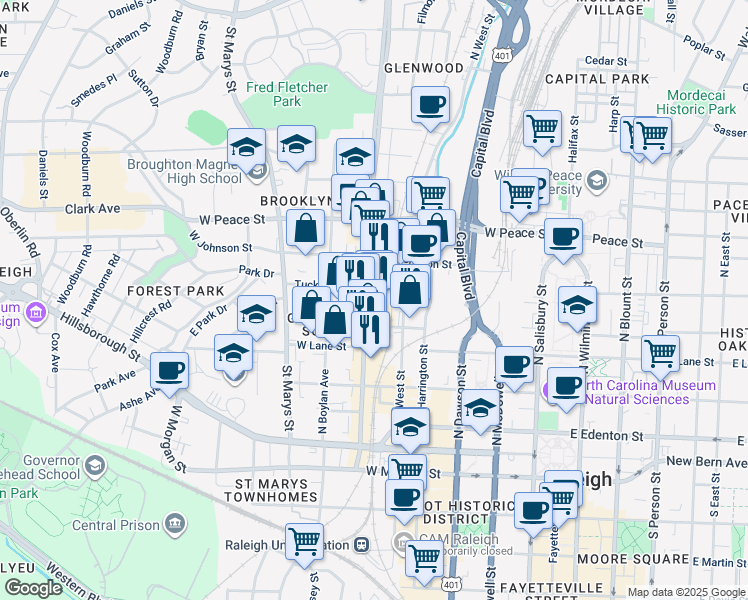 map of restaurants, bars, coffee shops, grocery stores, and more near 414 Glenwood Avenue in Raleigh