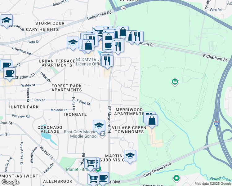 map of restaurants, bars, coffee shops, grocery stores, and more near Unnamed Road in Cary