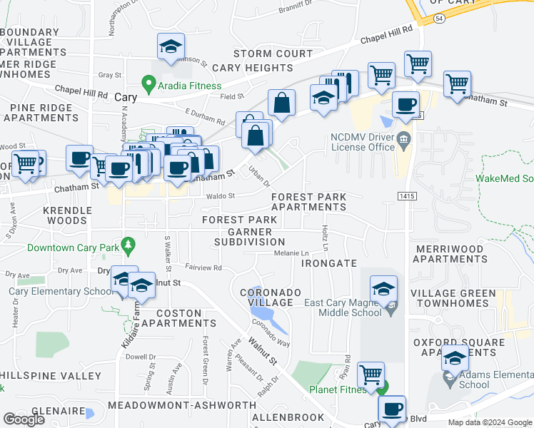 map of restaurants, bars, coffee shops, grocery stores, and more near 332 Webster Street in Cary
