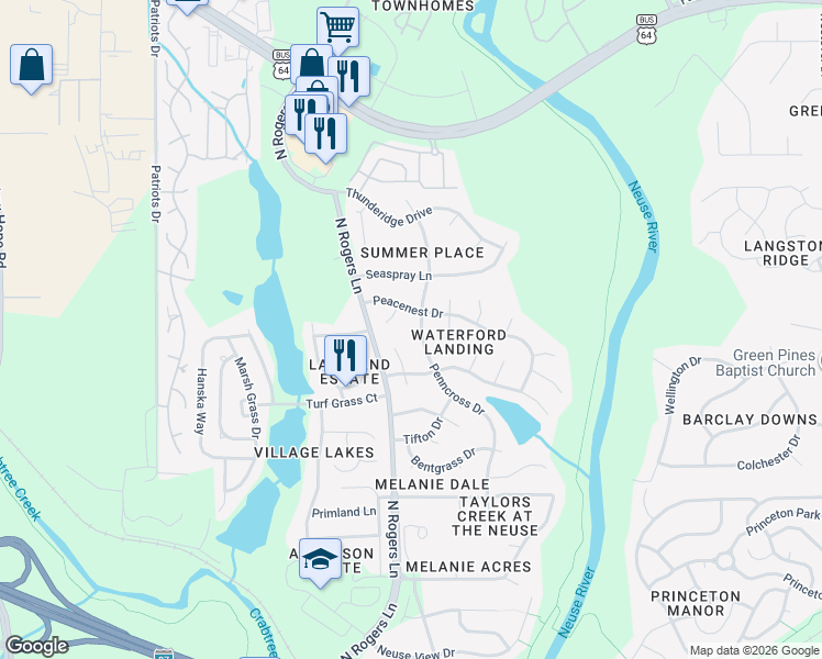 map of restaurants, bars, coffee shops, grocery stores, and more near 821 Penncross Drive in Raleigh