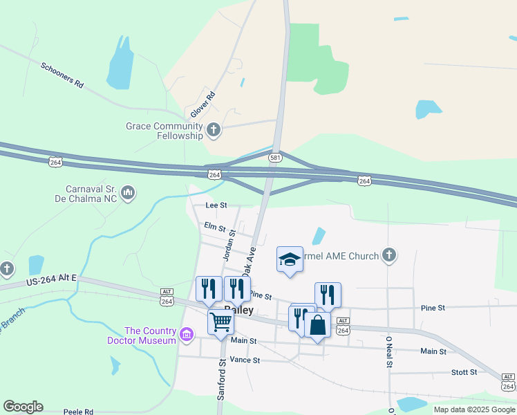 map of restaurants, bars, coffee shops, grocery stores, and more near 6537 Lee Street in Bailey
