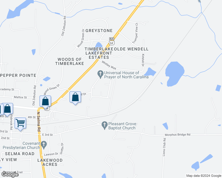 map of restaurants, bars, coffee shops, grocery stores, and more near 708 Towne Square Road in Wendell