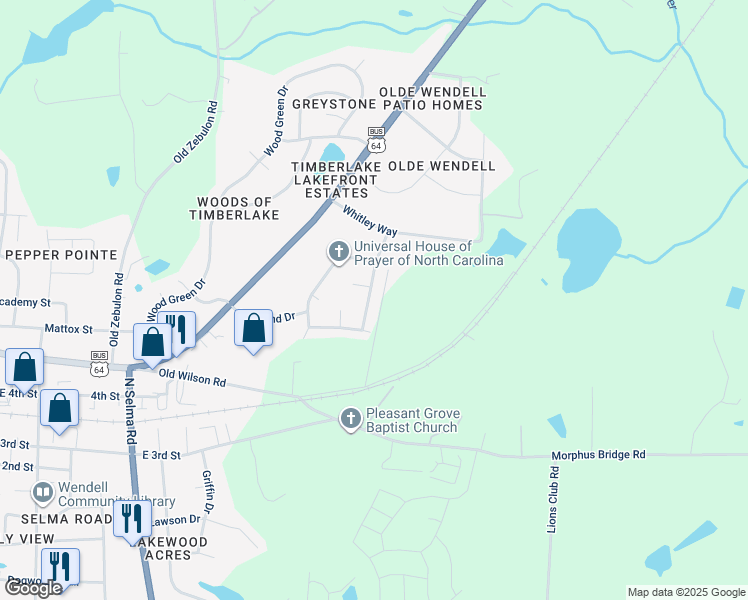 map of restaurants, bars, coffee shops, grocery stores, and more near 708 Towne Square Road in Wendell