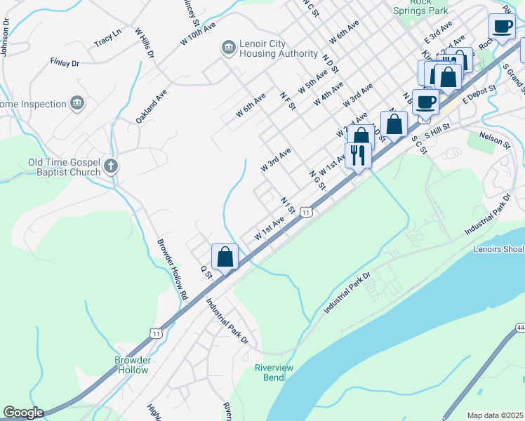 map of restaurants, bars, coffee shops, grocery stores, and more near 204 North K Street in Lenoir City