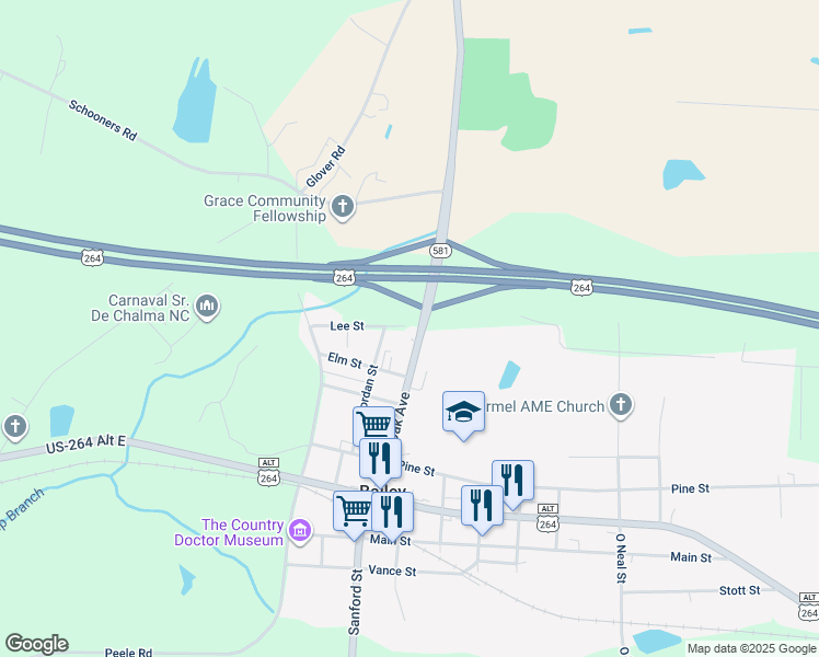map of restaurants, bars, coffee shops, grocery stores, and more near 6537 Lee Street in Bailey