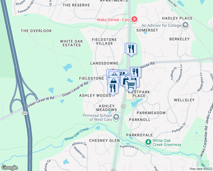 map of restaurants, bars, coffee shops, grocery stores, and more near 301 Capistrane Drive in Cary