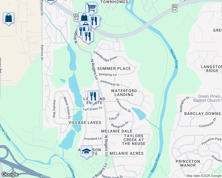 map of restaurants, bars, coffee shops, grocery stores, and more near 821 Penncross Drive in Raleigh