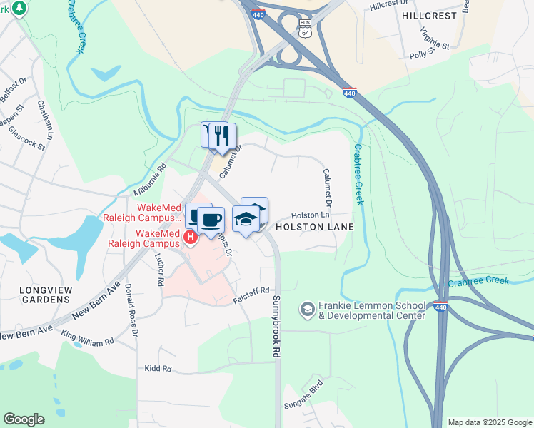 map of restaurants, bars, coffee shops, grocery stores, and more near 2935 Holston Lane in Raleigh