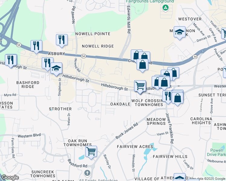 map of restaurants, bars, coffee shops, grocery stores, and more near 14 Oakdale Drive in Raleigh