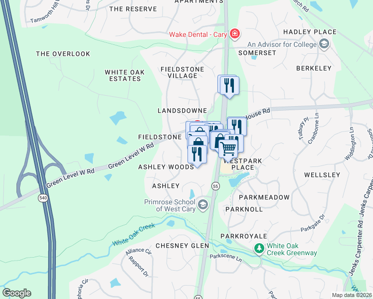 map of restaurants, bars, coffee shops, grocery stores, and more near 301 Capistrane Drive in Cary