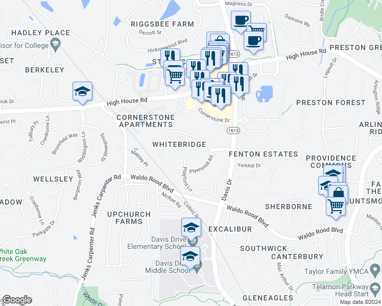 map of restaurants, bars, coffee shops, grocery stores, and more near 203 Littleford Lane in Cary