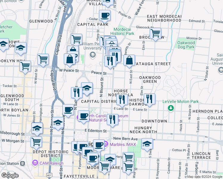 map of restaurants, bars, coffee shops, grocery stores, and more near 501 North Person Street in Raleigh