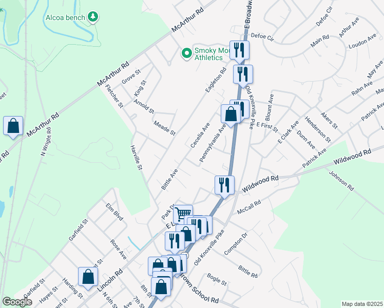 map of restaurants, bars, coffee shops, grocery stores, and more near 2313 Coleman Street in Maryville