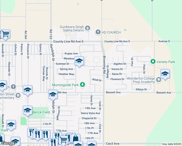 map of restaurants, bars, coffee shops, grocery stores, and more near 2131 Maganda Avenue in Delano