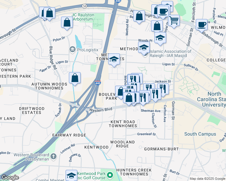 map of restaurants, bars, coffee shops, grocery stores, and more near 4202 Reavis Road in Raleigh