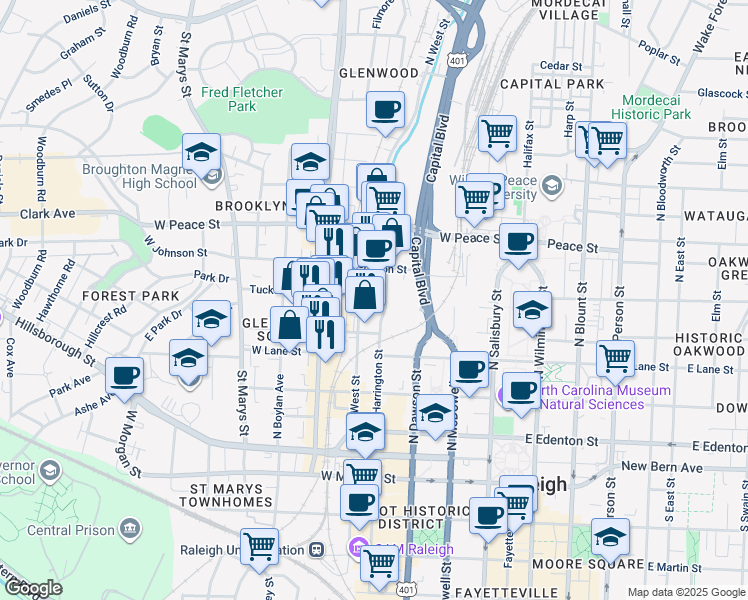 map of restaurants, bars, coffee shops, grocery stores, and more near 500 North West Street in Raleigh