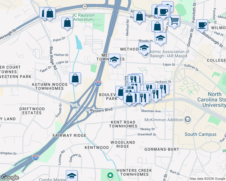 map of restaurants, bars, coffee shops, grocery stores, and more near 4202 Reavis Road in Raleigh