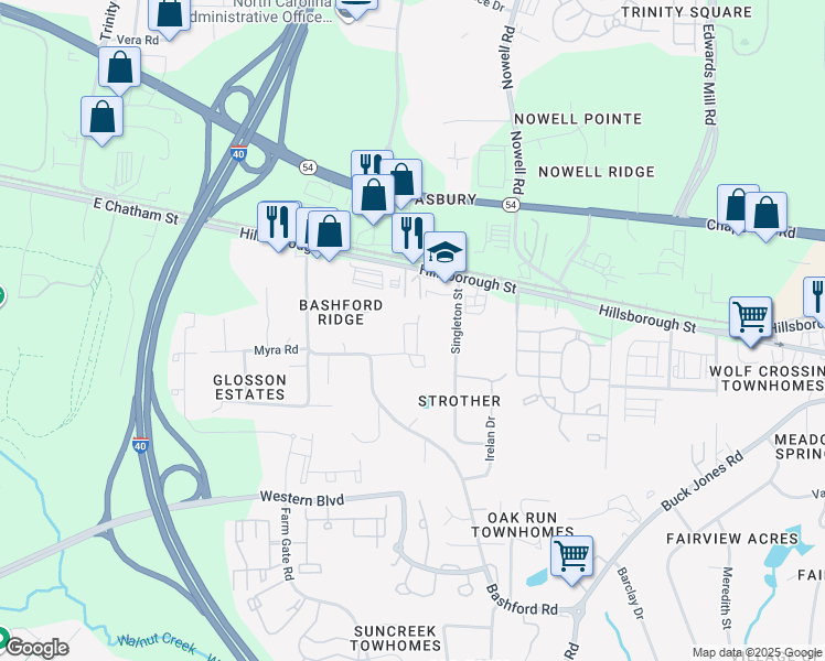 map of restaurants, bars, coffee shops, grocery stores, and more near 6058 Inona Place in Raleigh