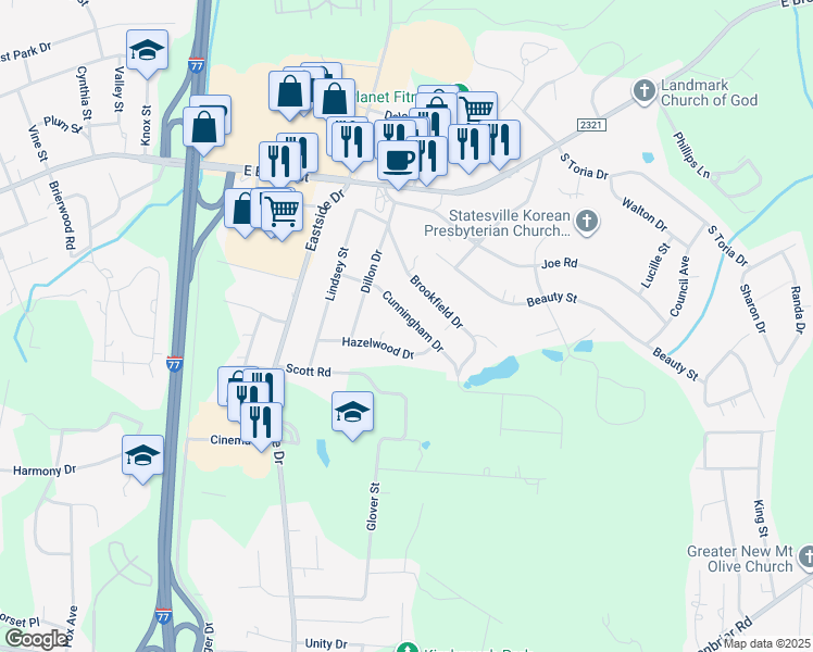 map of restaurants, bars, coffee shops, grocery stores, and more near 1920 Cunningham Drive in Statesville