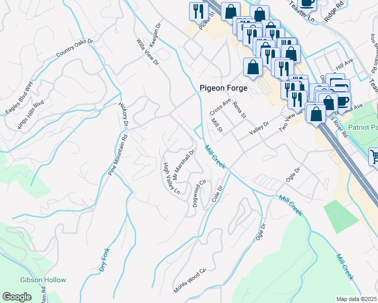 map of restaurants, bars, coffee shops, grocery stores, and more near 3307 Mr Marshall Drive in Pigeon Forge