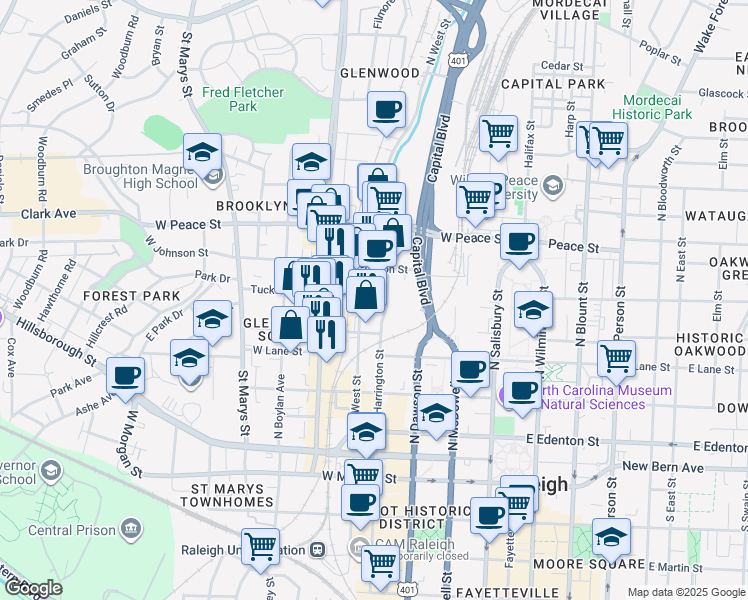 map of restaurants, bars, coffee shops, grocery stores, and more near in Raleigh