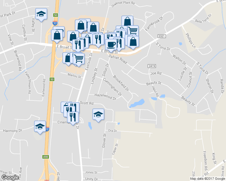 map of restaurants, bars, coffee shops, grocery stores, and more near 1920 Cunningham Drive in Statesville