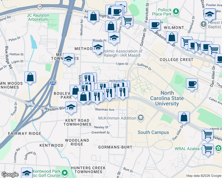 map of restaurants, bars, coffee shops, grocery stores, and more near 3901 Lexington Drive in Raleigh