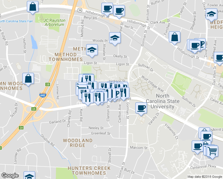 map of restaurants, bars, coffee shops, grocery stores, and more near 3840 Lexington Drive in Raleigh