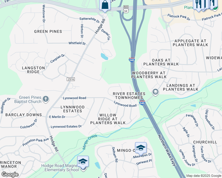 map of restaurants, bars, coffee shops, grocery stores, and more near 1302 Oak Crest Drive in Knightdale