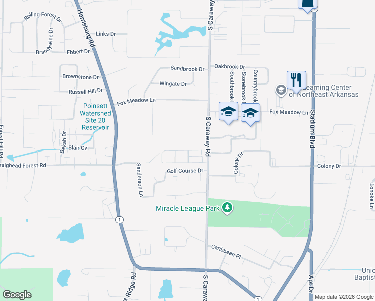 map of restaurants, bars, coffee shops, grocery stores, and more near 6 Willow Creek Lane in Jonesboro