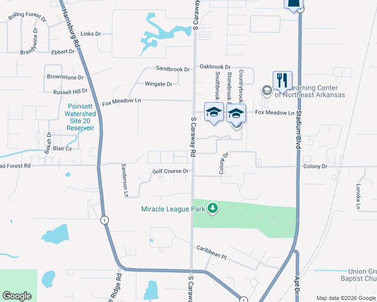 map of restaurants, bars, coffee shops, grocery stores, and more near 1608 Golf Course Drive in Jonesboro