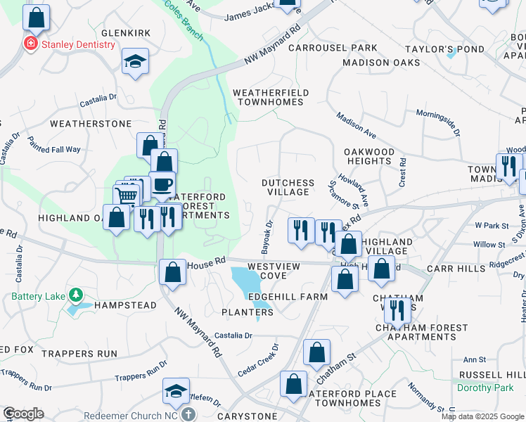 map of restaurants, bars, coffee shops, grocery stores, and more near 117 Hedgerow Court in Cary