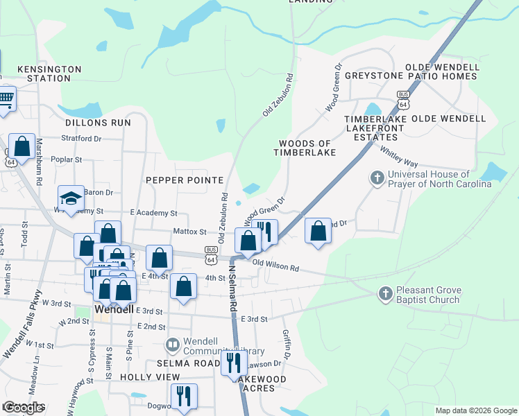 map of restaurants, bars, coffee shops, grocery stores, and more near 36 Wood Green Drive in Wendell