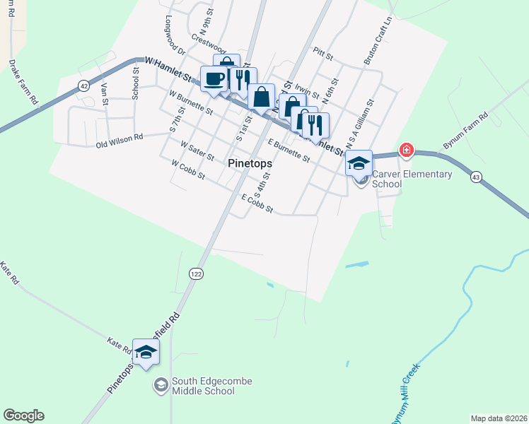 map of restaurants, bars, coffee shops, grocery stores, and more near 320 East Cobb Street in Pinetops
