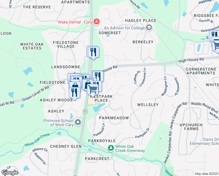 map of restaurants, bars, coffee shops, grocery stores, and more near 201 Parkcanyon Lane in Cary