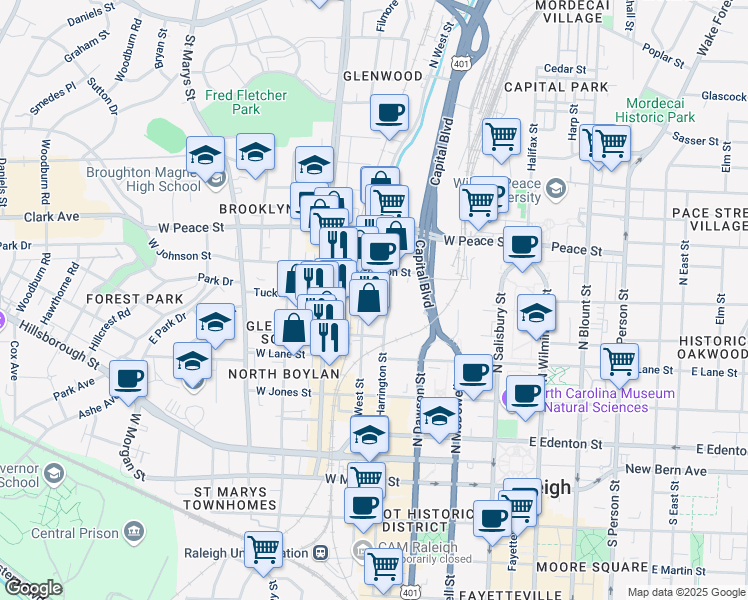 map of restaurants, bars, coffee shops, grocery stores, and more near in Raleigh
