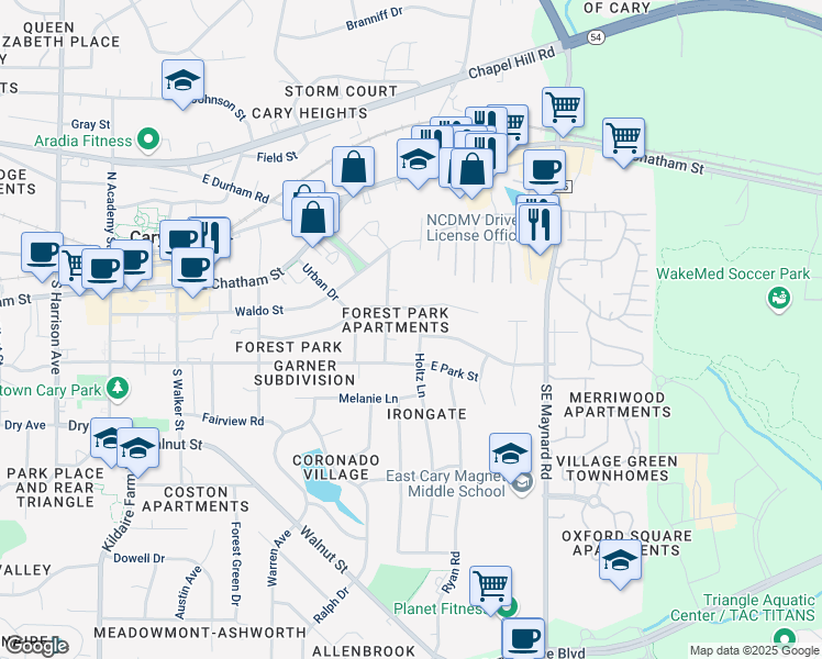 map of restaurants, bars, coffee shops, grocery stores, and more near 310 Holtz Lane in Cary